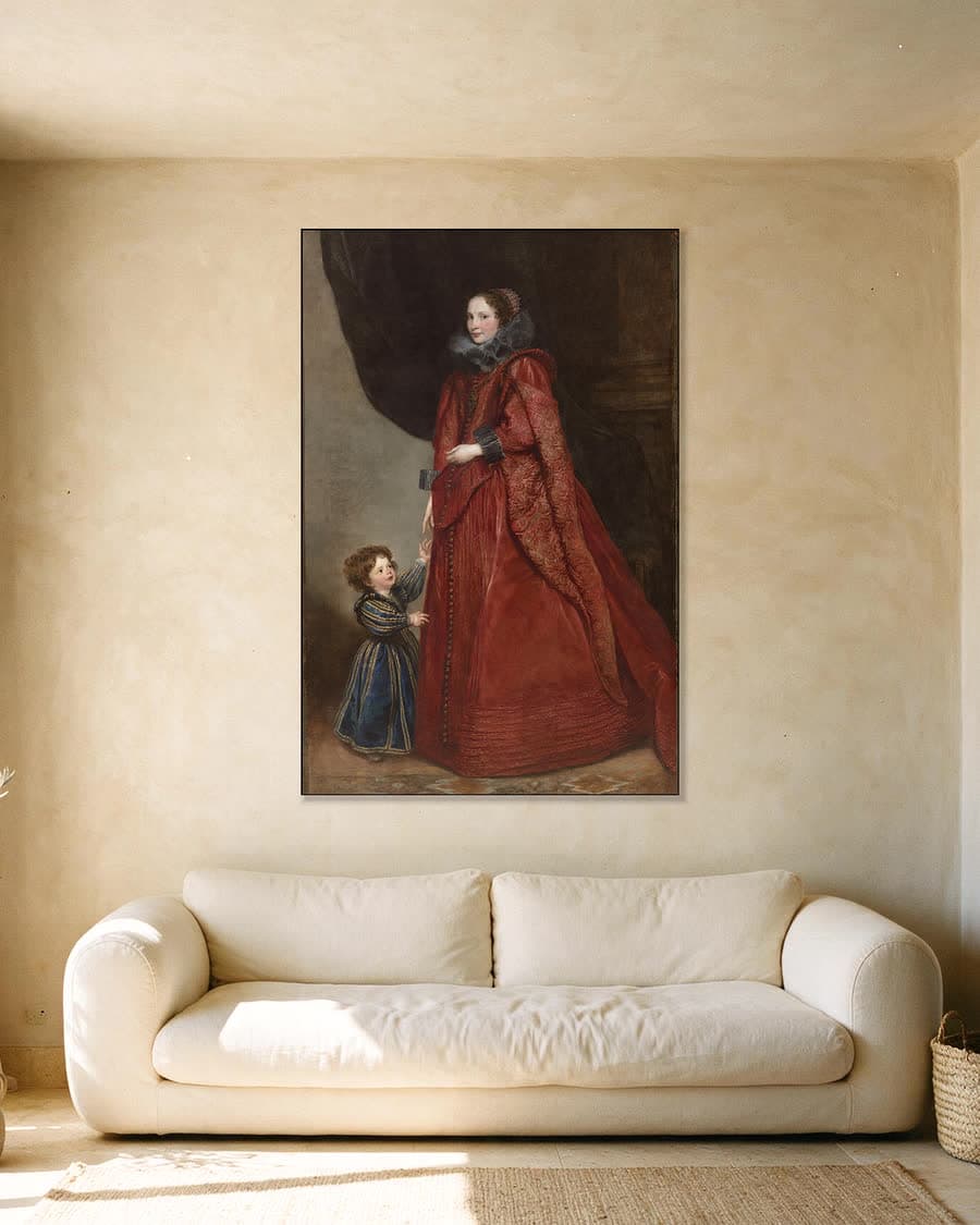 Genuese dame met haar kind in een aluminium frame aan dezelfde muur