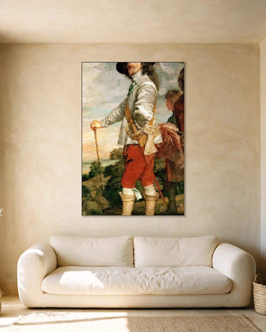 Karel I op jacht in een aluminium frame aan dezelfde muur