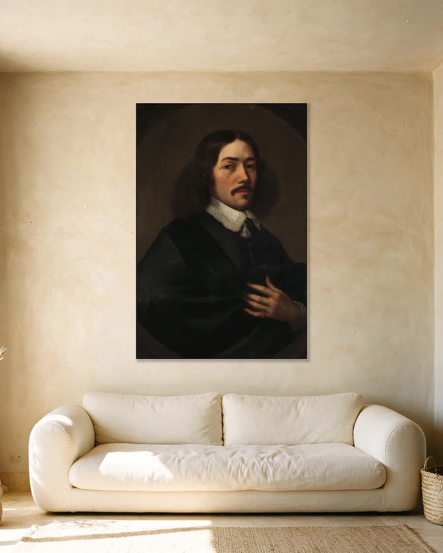 Portret van een man, vermoedelijk Bartholomeus Vermuyden in een aluminium frame aan dezelfde muur