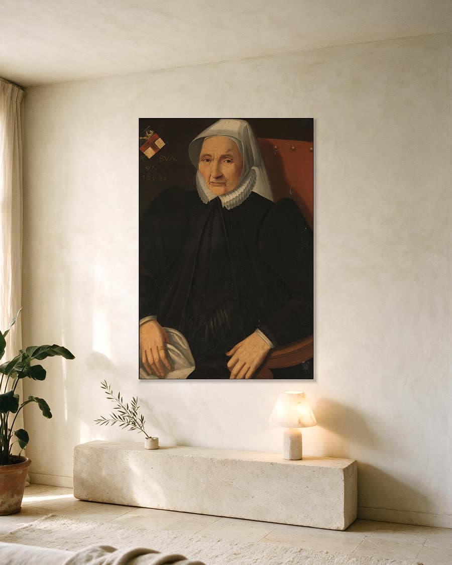 Portret van een oude vrouw uit de familie Haling in een aluminium frame aan dezelfde muur