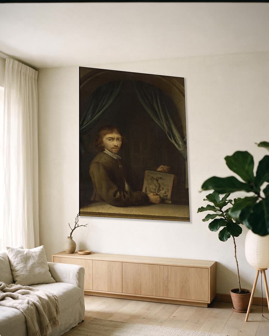 Portret van een schilder in een aluminium frame aan dezelfde muur