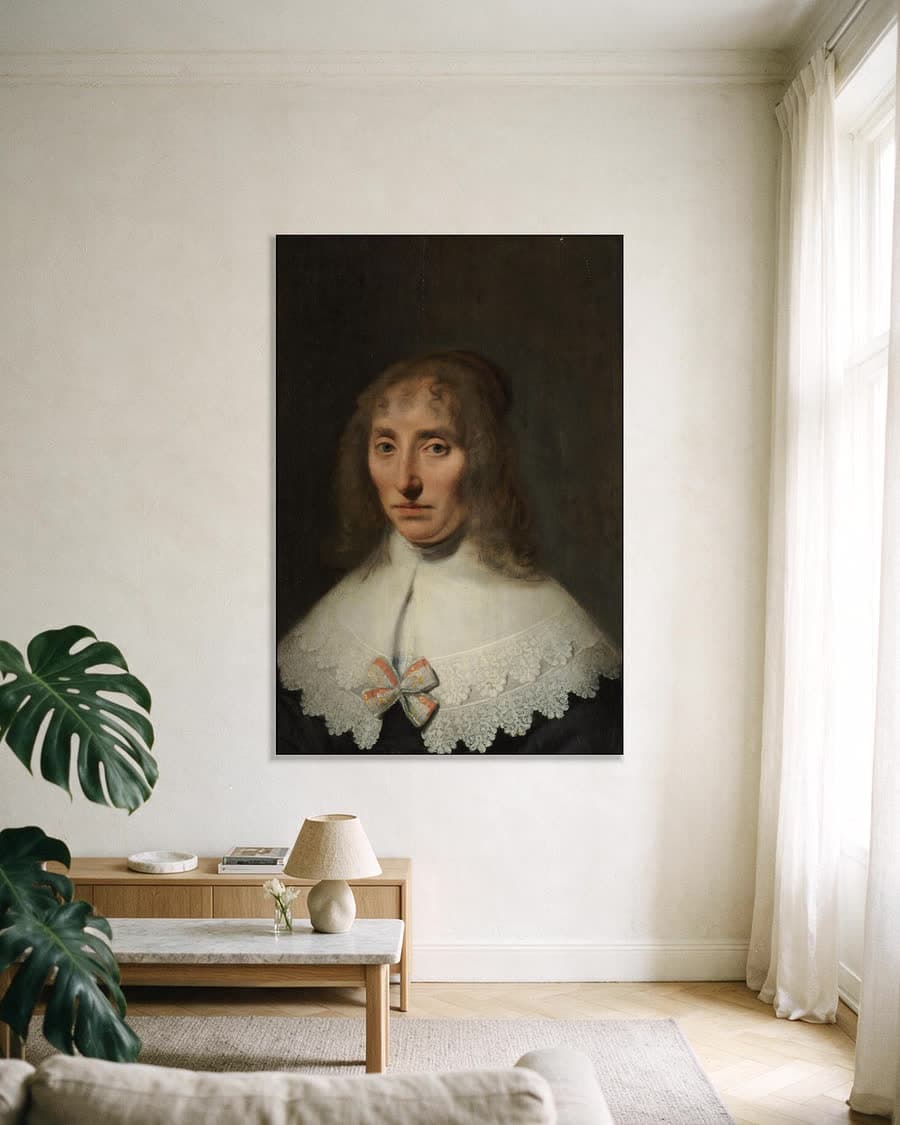 Portret van een vrouw in een aluminium frame aan dezelfde muur