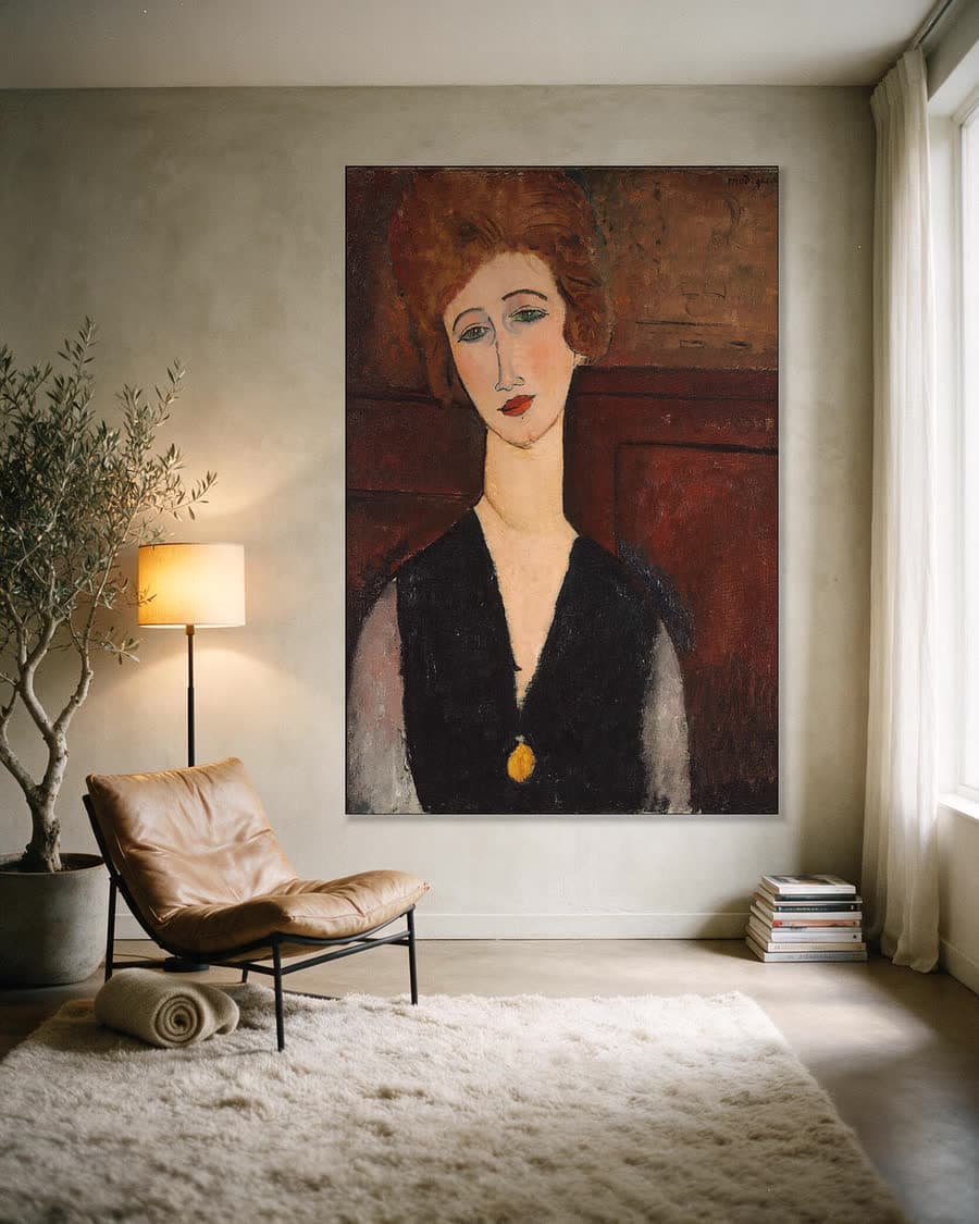 Portret van een vrouw in een aluminium frame aan dezelfde muur