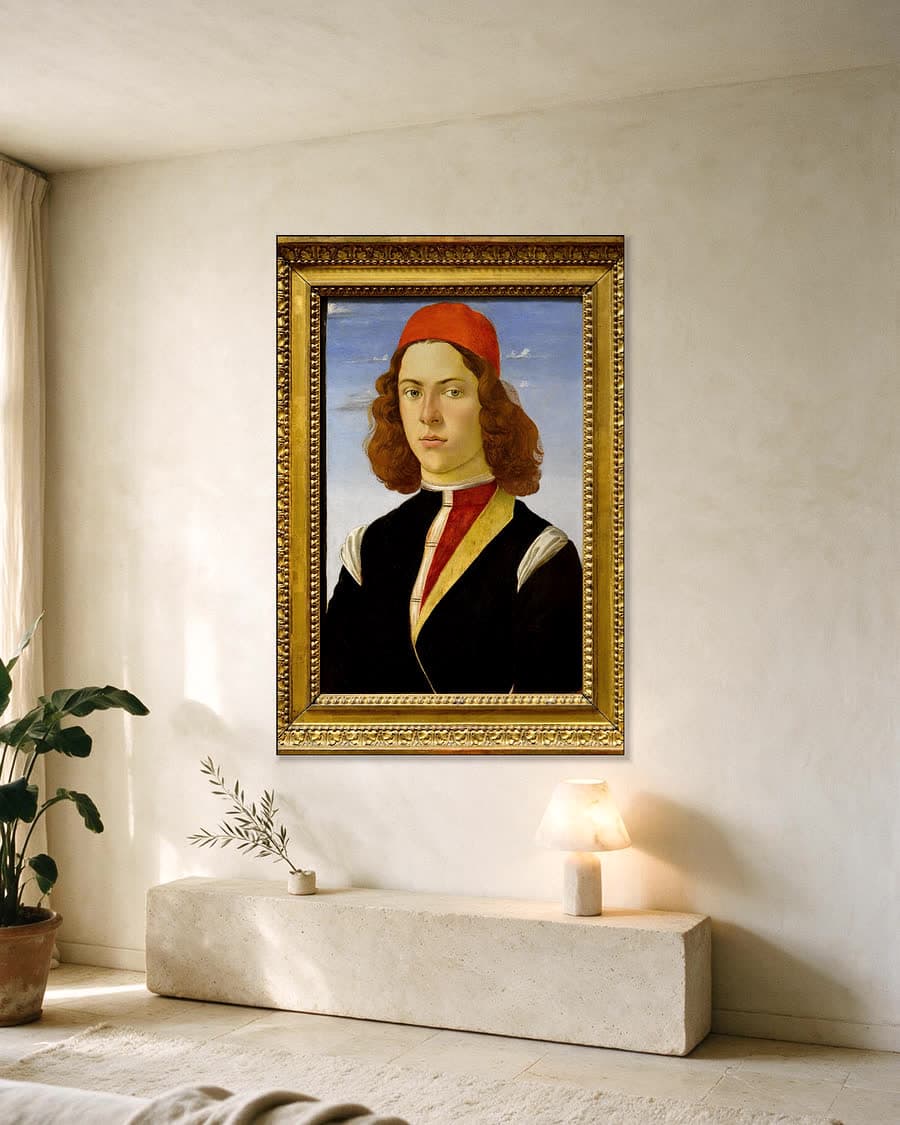 Portret van een jongeman in een aluminium frame aan dezelfde muur