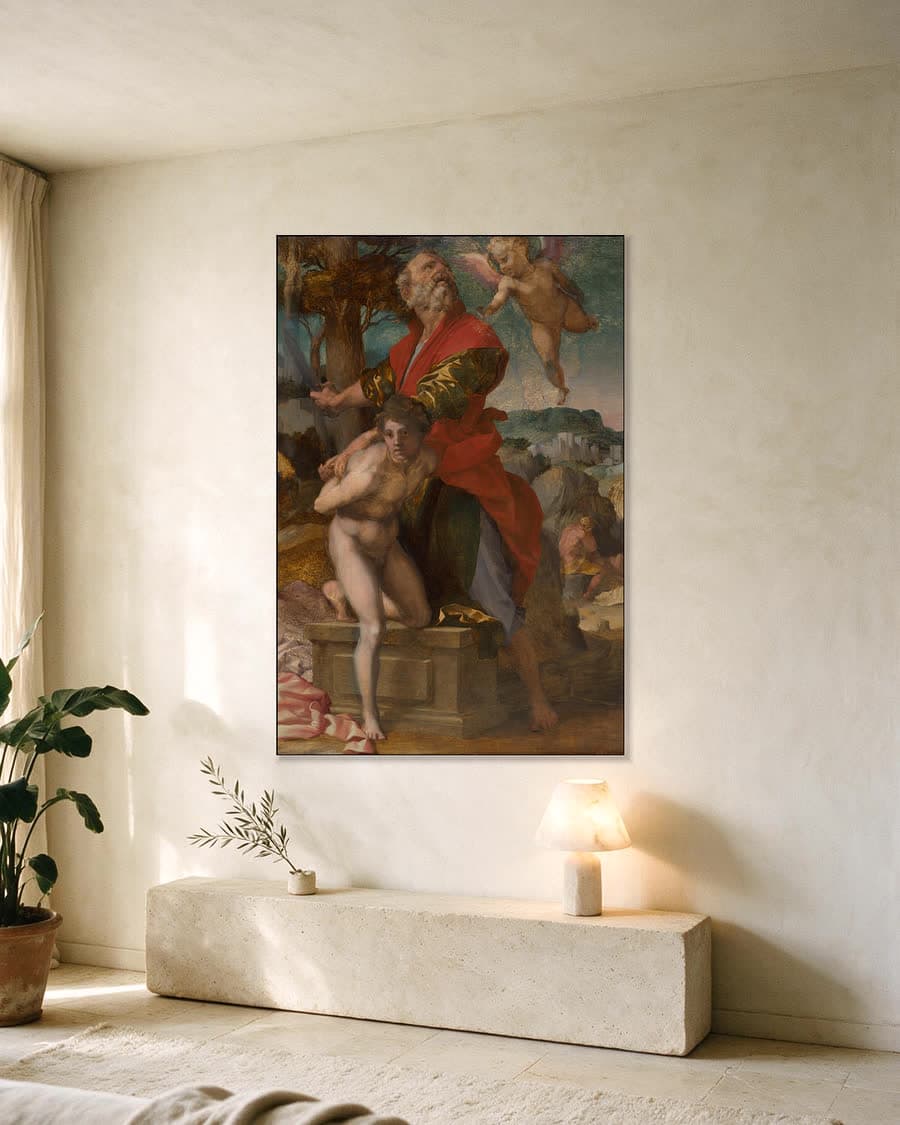 Het offer van Isaak in een aluminium frame aan dezelfde muur