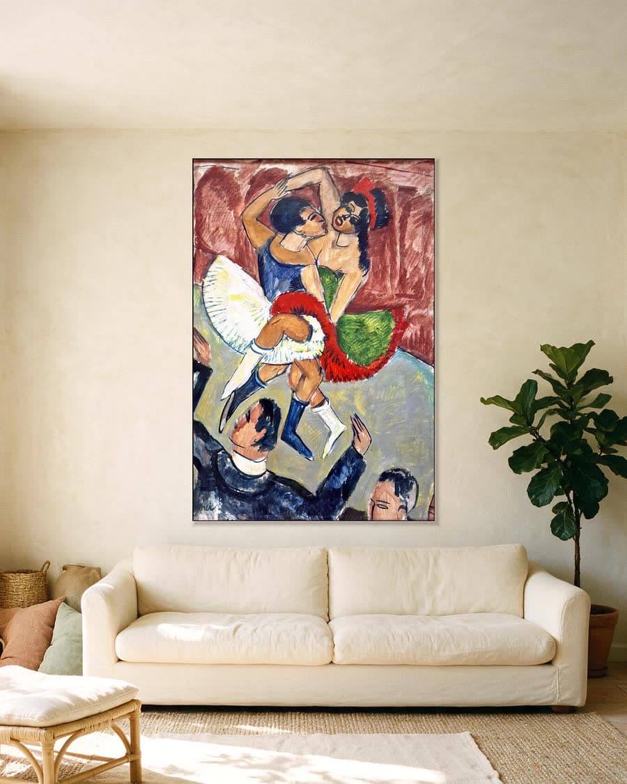 Dans, circusscène in een aluminium frame aan dezelfde muur