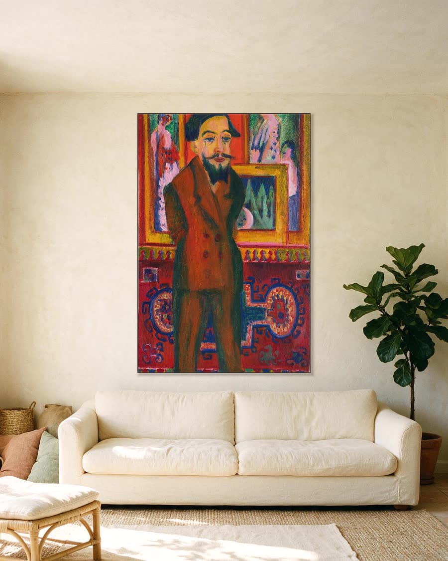 Mannenportret van L. Schames in een aluminium frame aan dezelfde muur