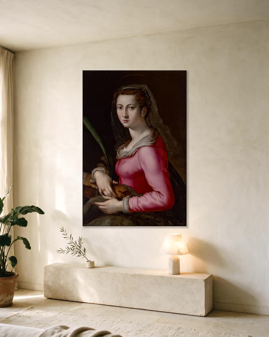 Portret van een vrouw als de heilige Catharina in een aluminium frame aan dezelfde muur