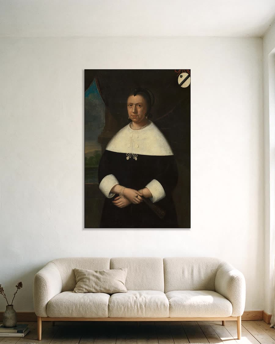 Portret van een vrouw, bekend als het portret van Elisabeth in een aluminium frame aan dezelfde muur