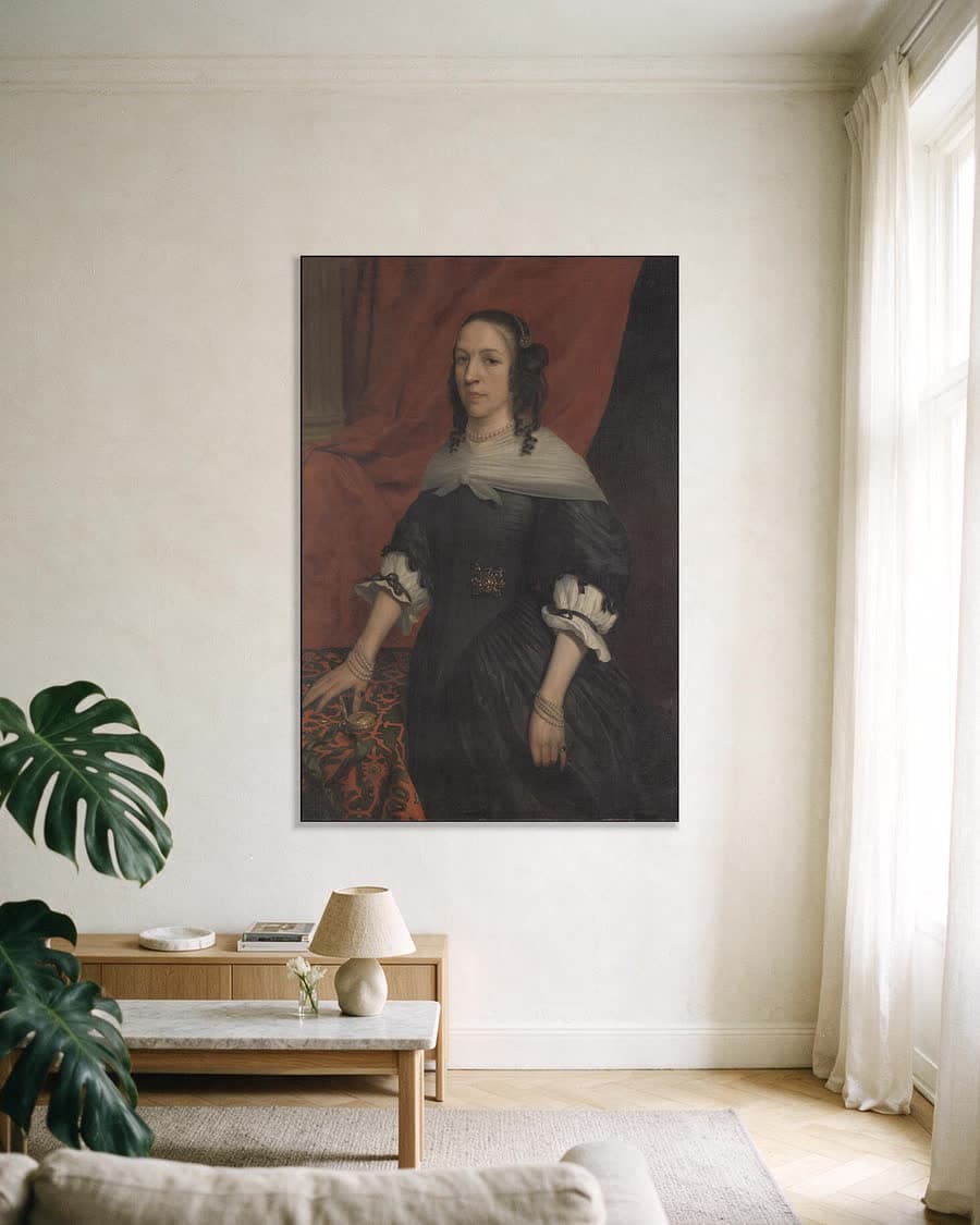 Portret van een vrouw, vermoedelijk Anna van Bourgondië, stichtster van Slot Windenburg op Dryschor (Schouwen), en echtgenote van Adolf van Kleef in een aluminium frame aan dezelfde muur