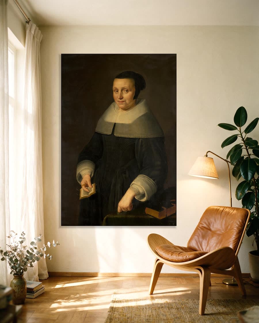 Portret van een vrouw, vermoedelijk Elsje van Houweningen in een aluminium frame aan dezelfde muur