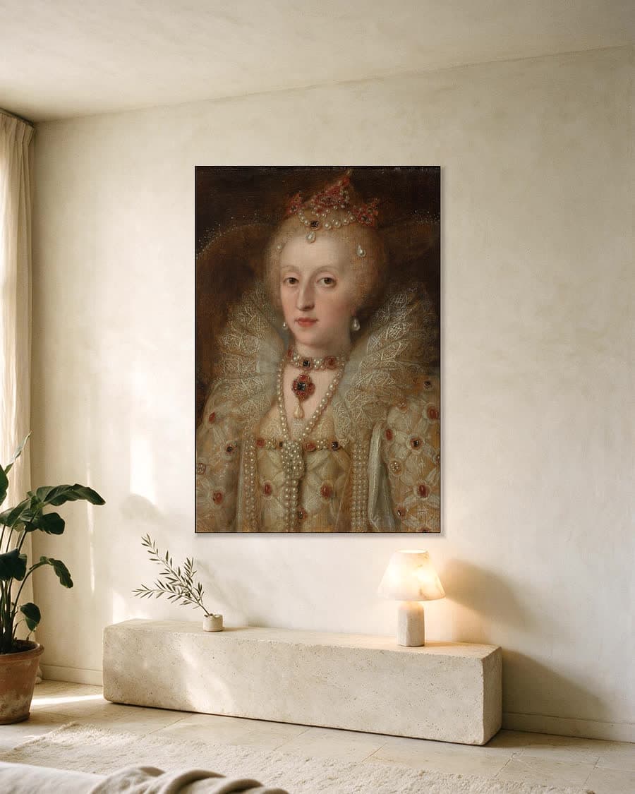 Portret van Elizabeth I, koningin van Engeland in een aluminium frame aan dezelfde muur