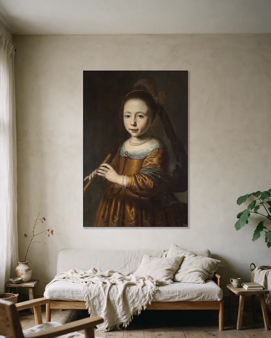 Portret van Elizabeth Spiegel in een aluminium frame aan dezelfde muur