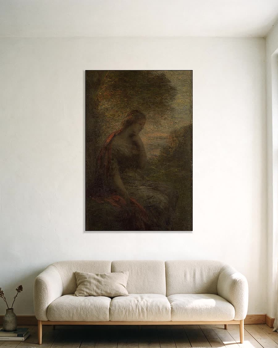 Jonge vrouw onder een boom bij zonsondergang, ook wel Herfst genoemd in een aluminium frame aan dezelfde muur