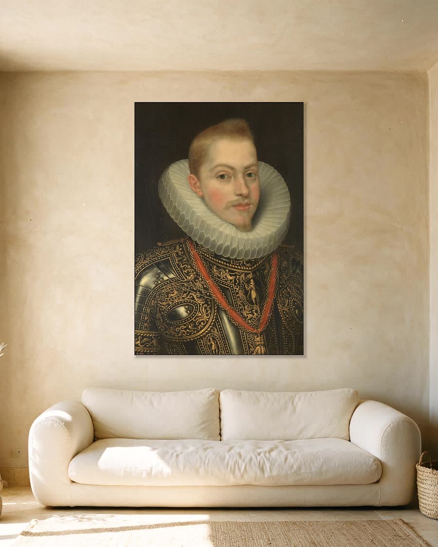 Portret van Filips III (1578-1621), koning van Spanje in een aluminium frame aan dezelfde muur