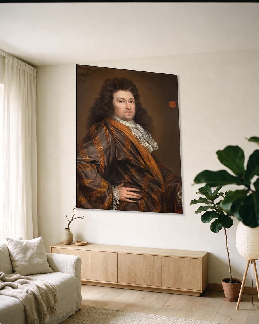 Portret van François Leydecker (1650-1718) in een aluminium frame aan dezelfde muur