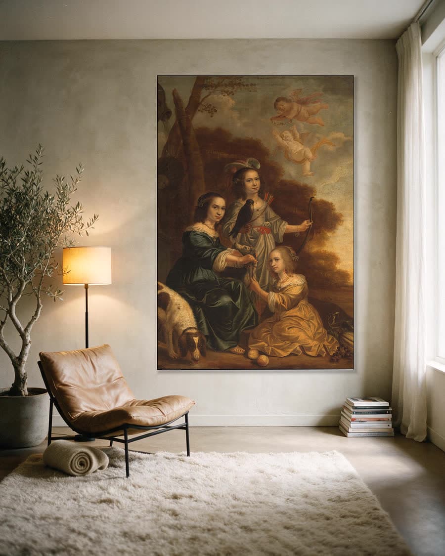 Portret van Geertruyt, Margriet en Anna Delff in een aluminium frame aan dezelfde muur