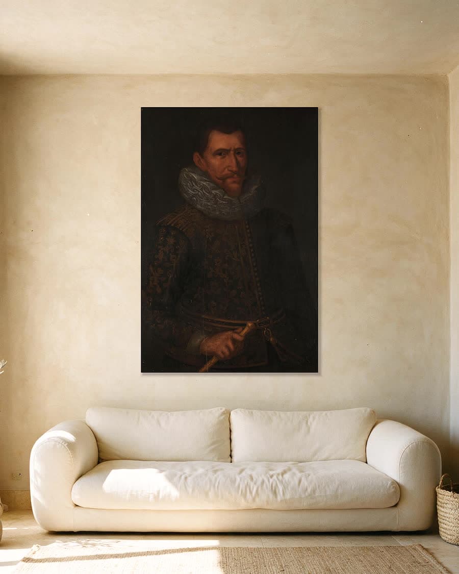 Portret van gouverneur-generaal Jan Pietersz. Coen in een aluminium frame aan dezelfde muur