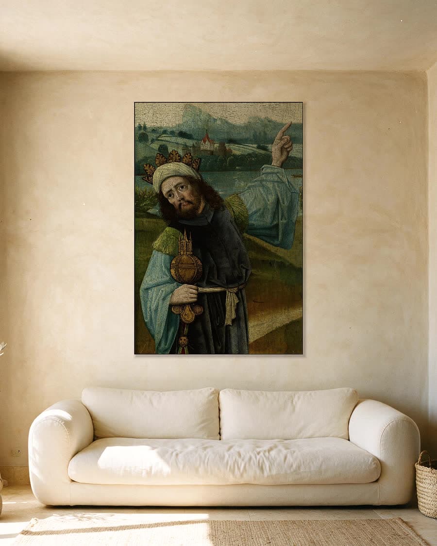 Caspar of Melchior, een van de Drie Koningen in een aluminium frame aan dezelfde muur