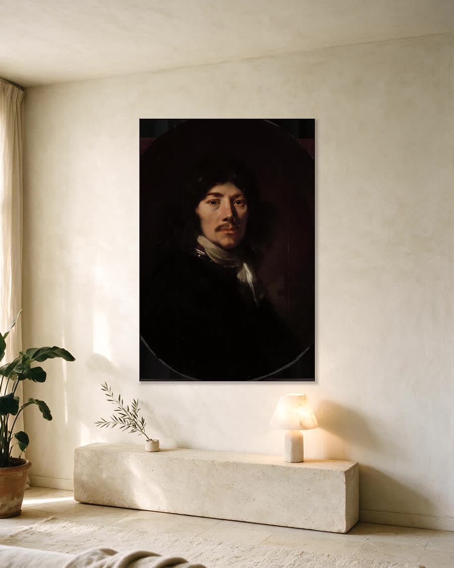 Borststuk van een man, mogelijk een zelfportret in een aluminium frame aan dezelfde muur