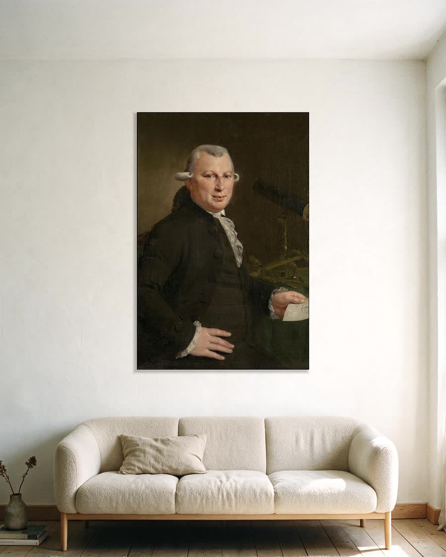Portret van Hendrick de Hartog in een aluminium frame aan dezelfde muur
