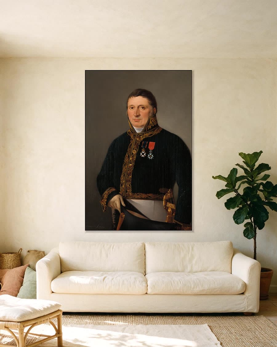 Portret van inspecteur-generaal A.F. Goudriaan in een aluminium frame aan dezelfde muur