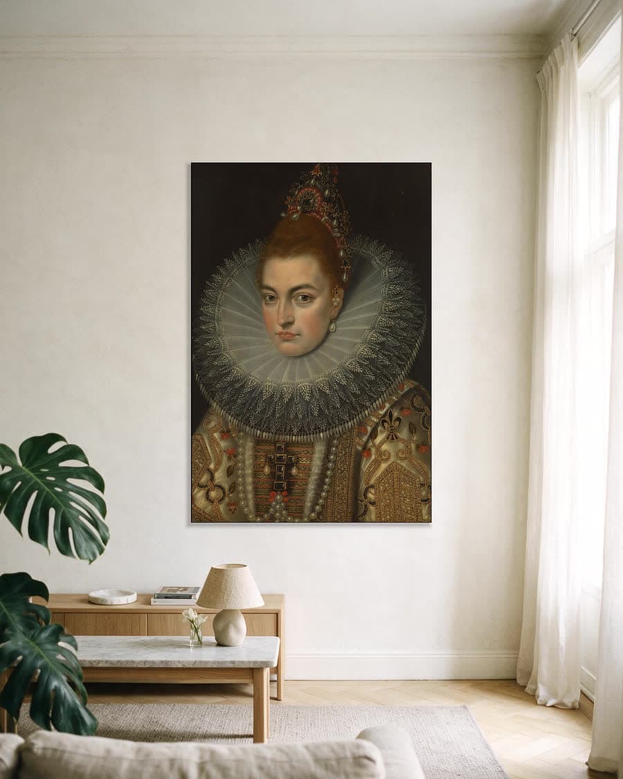 Portret van Isabella Clara Eugenia, infante van Spanje (1566-1633) in een aluminium frame aan dezelfde muur