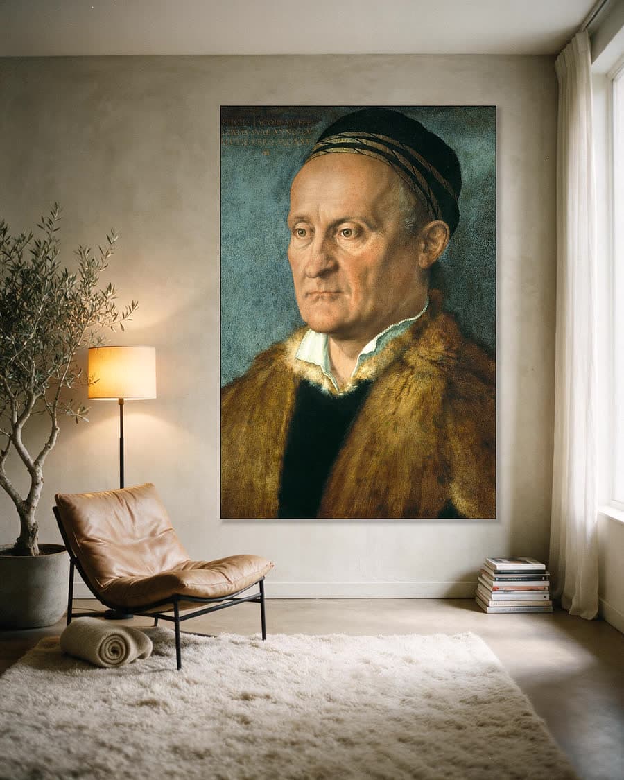 Portret van Jakob Muffel (1471-1526) in een aluminium frame aan dezelfde muur