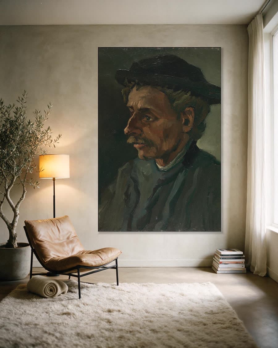 Kop van een man in een aluminium frame aan dezelfde muur