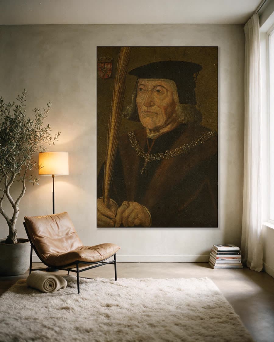 Portret van Jan van Egmond (1438-1516), graaf van Egmond in een aluminium frame aan dezelfde muur