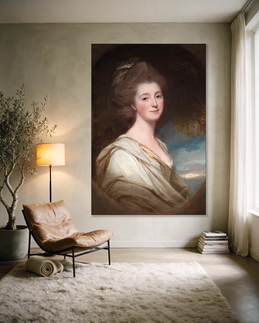 Portret van Jane Hoskyns in een aluminium frame aan dezelfde muur