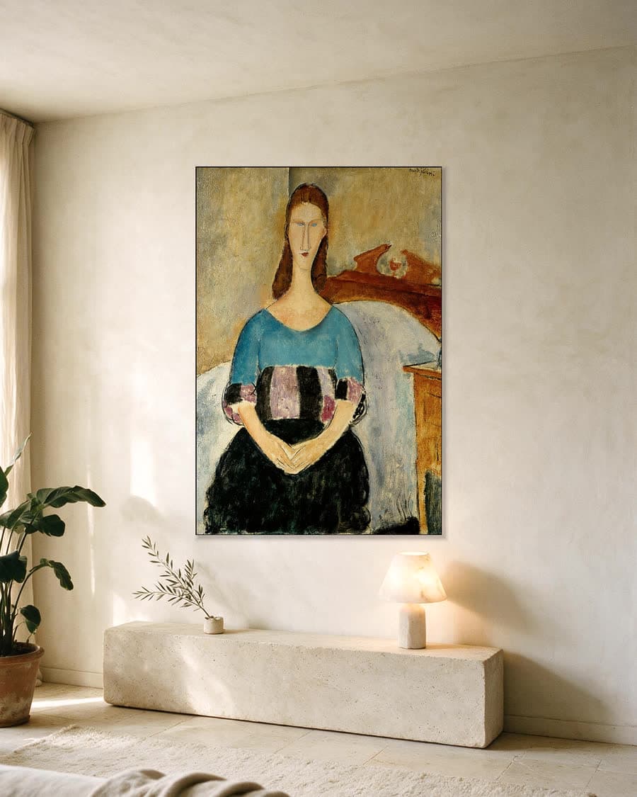 Portret van Jeanne Hébuterne, zittend in een aluminium frame aan dezelfde muur