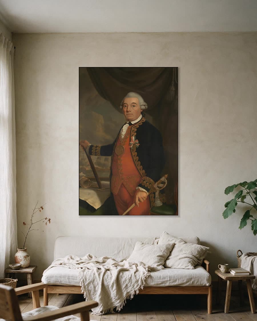 Portret van Johan Arnold Zoutman in een aluminium frame aan dezelfde muur