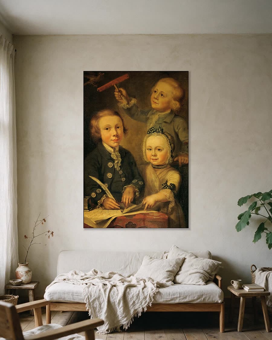 Portret van de kinderen van Barend Goudriaan in een aluminium frame aan dezelfde muur