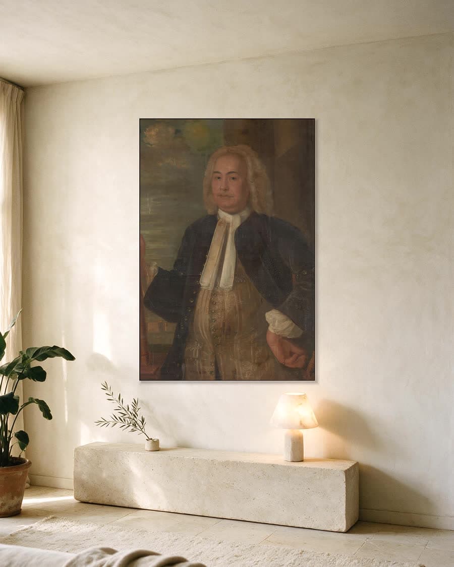 Portret van Johannes Thedens, gouverneur-generaal in een aluminium frame aan dezelfde muur