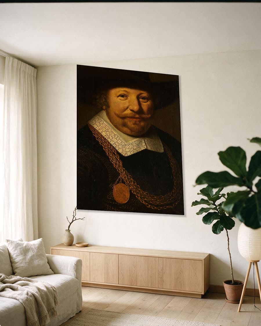 Portret van Joos van Trappen, genaamd Banckert, vice-admiraal in een aluminium frame aan dezelfde muur