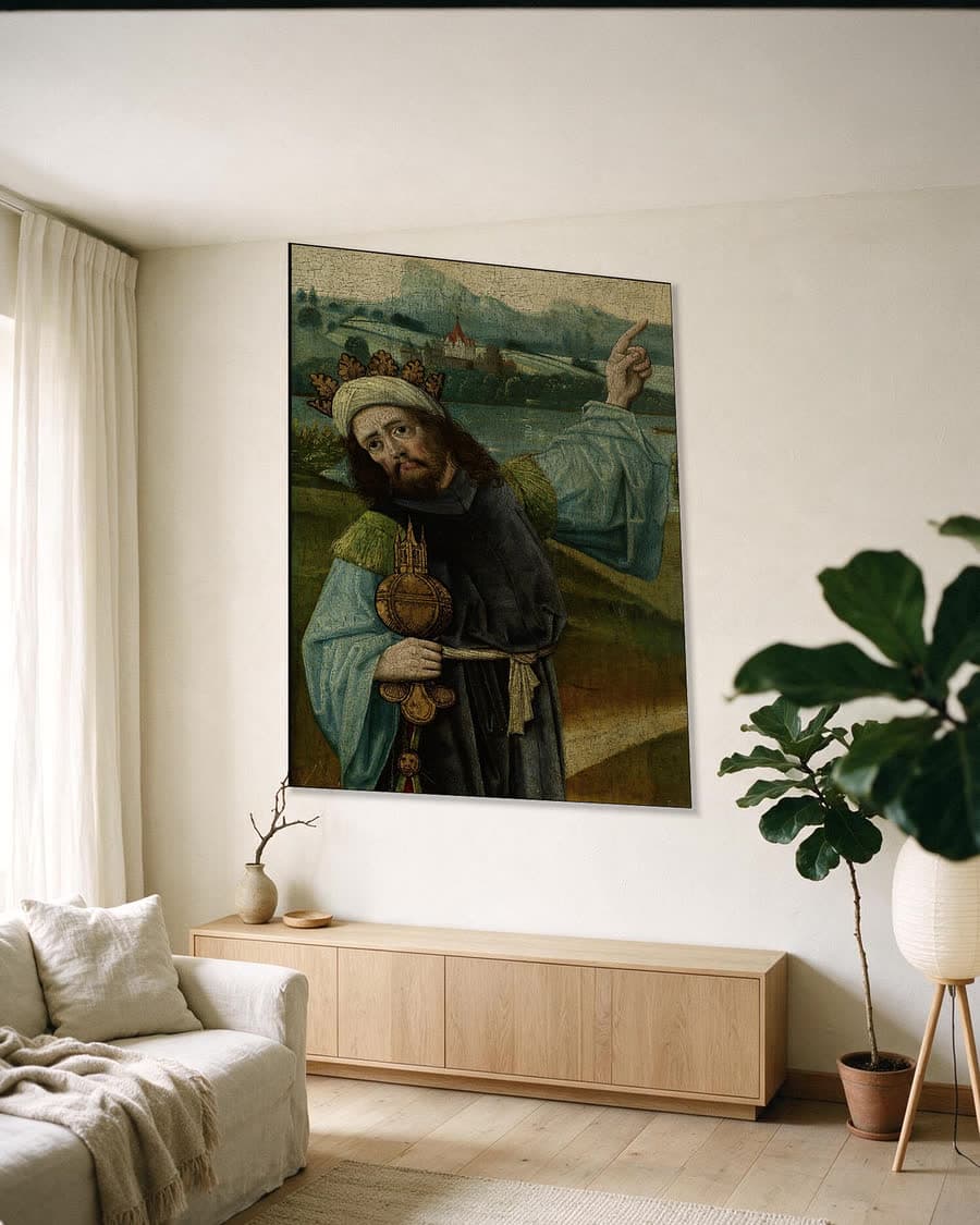 Caspar of Melchior, een van de Drie Koningen in een aluminium frame aan dezelfde muur