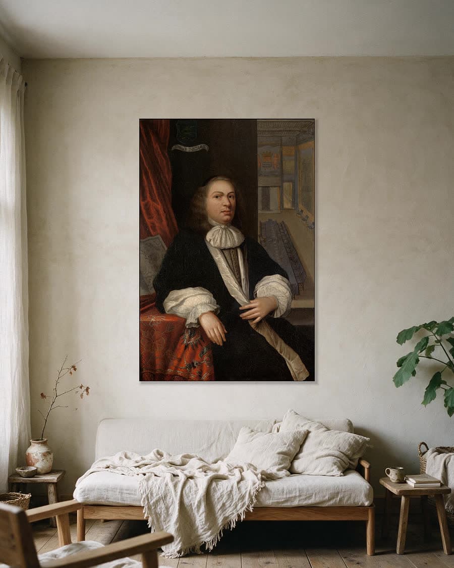 Portret van Justus de Huybert, klerk van de Staten van Zeeland in een aluminium frame aan dezelfde muur