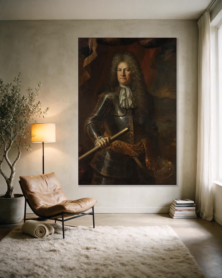 Portret van luitenant-generaal Godard van Reede, heer van Amerongen in een aluminium frame aan dezelfde muur