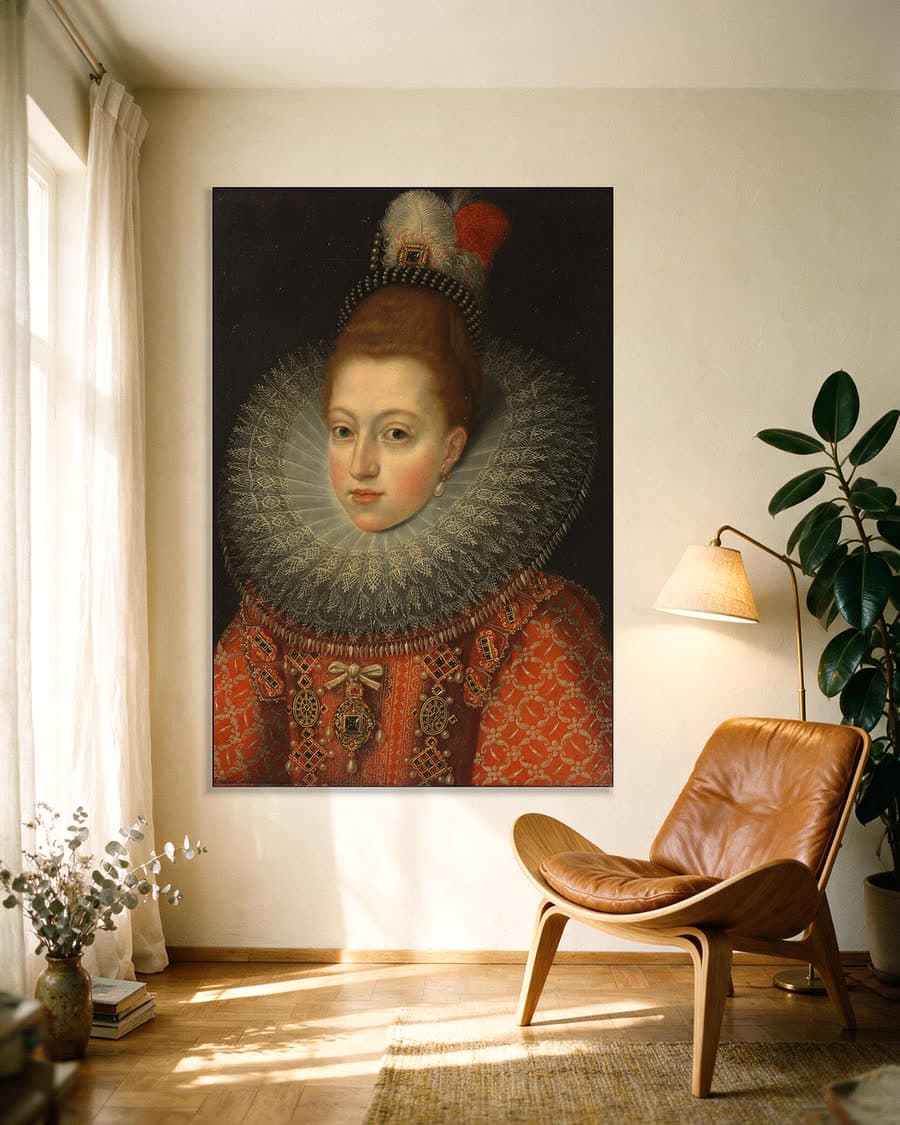 Portret van Margaretha van Oostenrijk (1584-1611), koningin van Spanje in een aluminium frame aan dezelfde muur