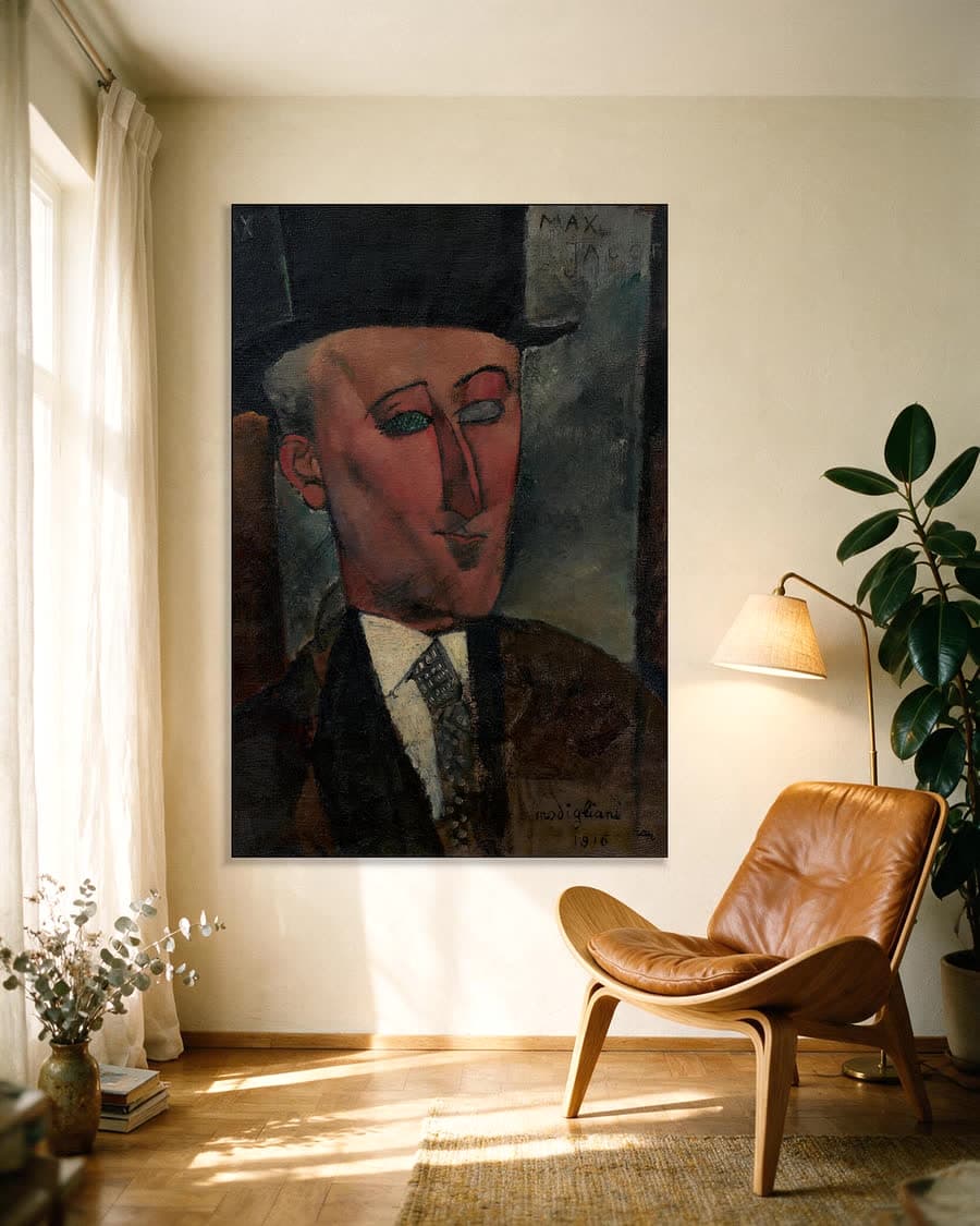 Portret van Max Jacob in een aluminium frame aan dezelfde muur