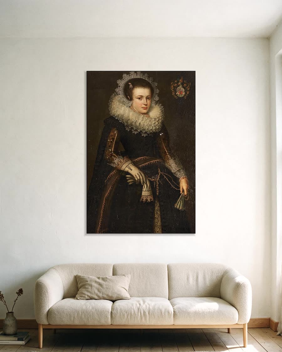 Portret van Mertijntje van Ceters (1609-1624) in een aluminium frame aan dezelfde muur