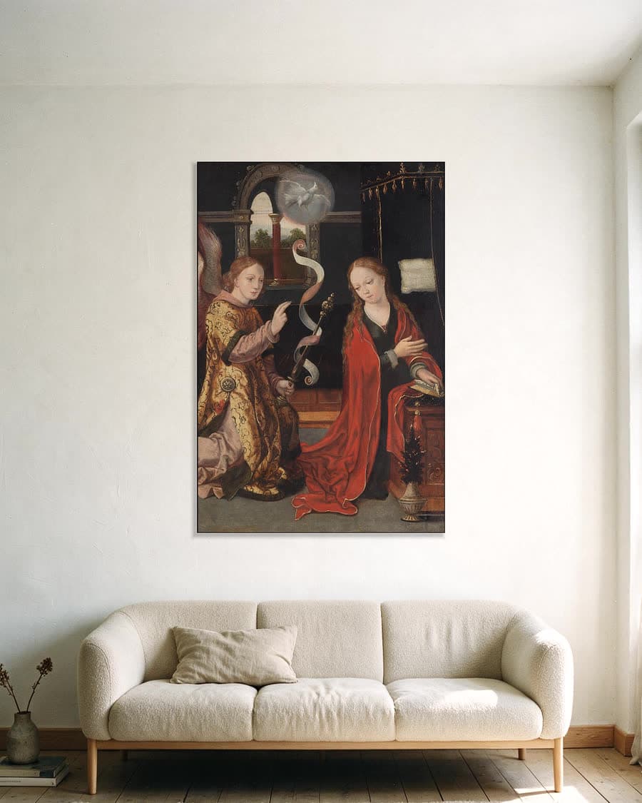 De annunciatie in een aluminium frame aan dezelfde muur