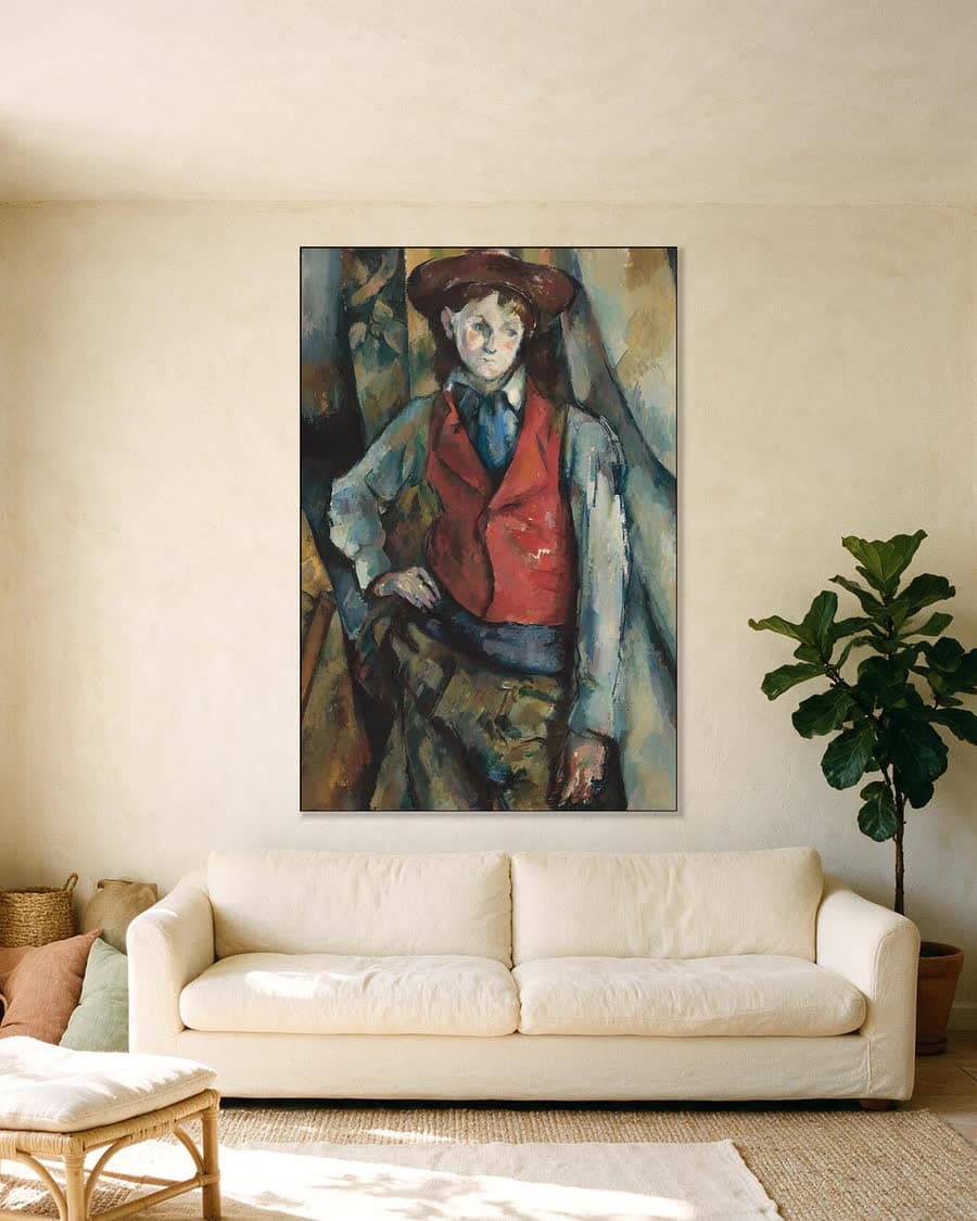 Jongen met rood vest in een aluminium frame aan dezelfde muur