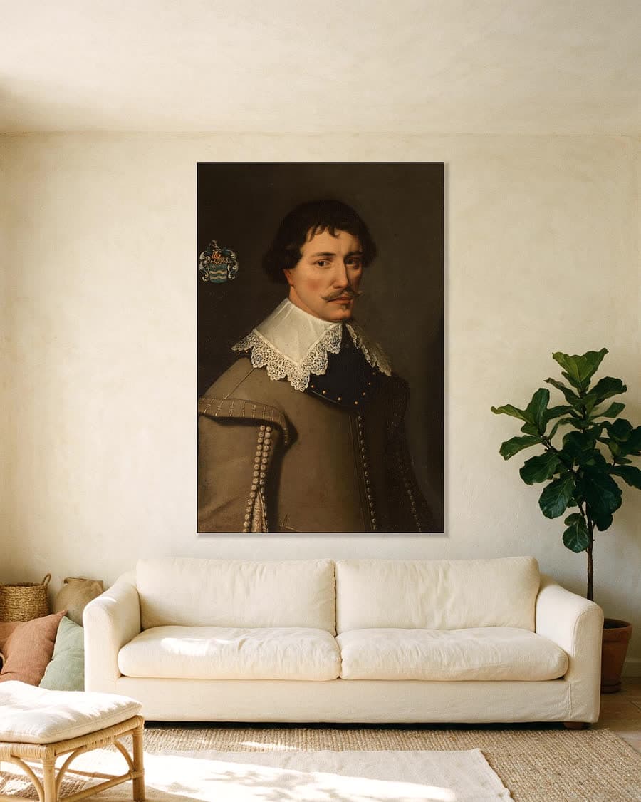 Portret van Nicolaas de Witte (1603-1629) in een aluminium frame aan dezelfde muur