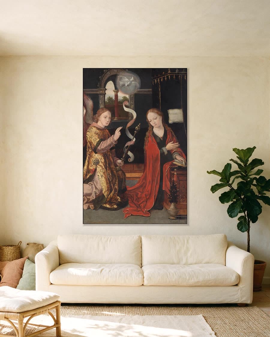 De annunciatie in een aluminium frame aan dezelfde muur