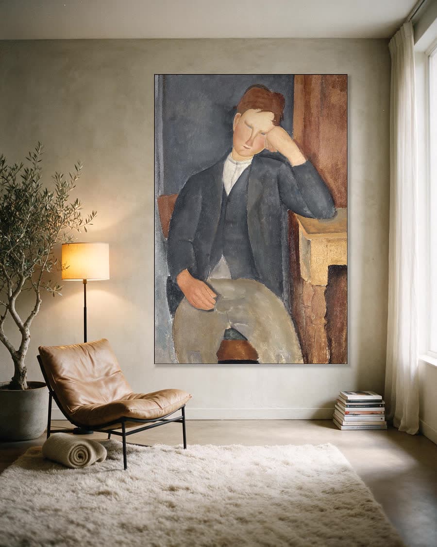 De jonge leerling in een aluminium frame aan dezelfde muur