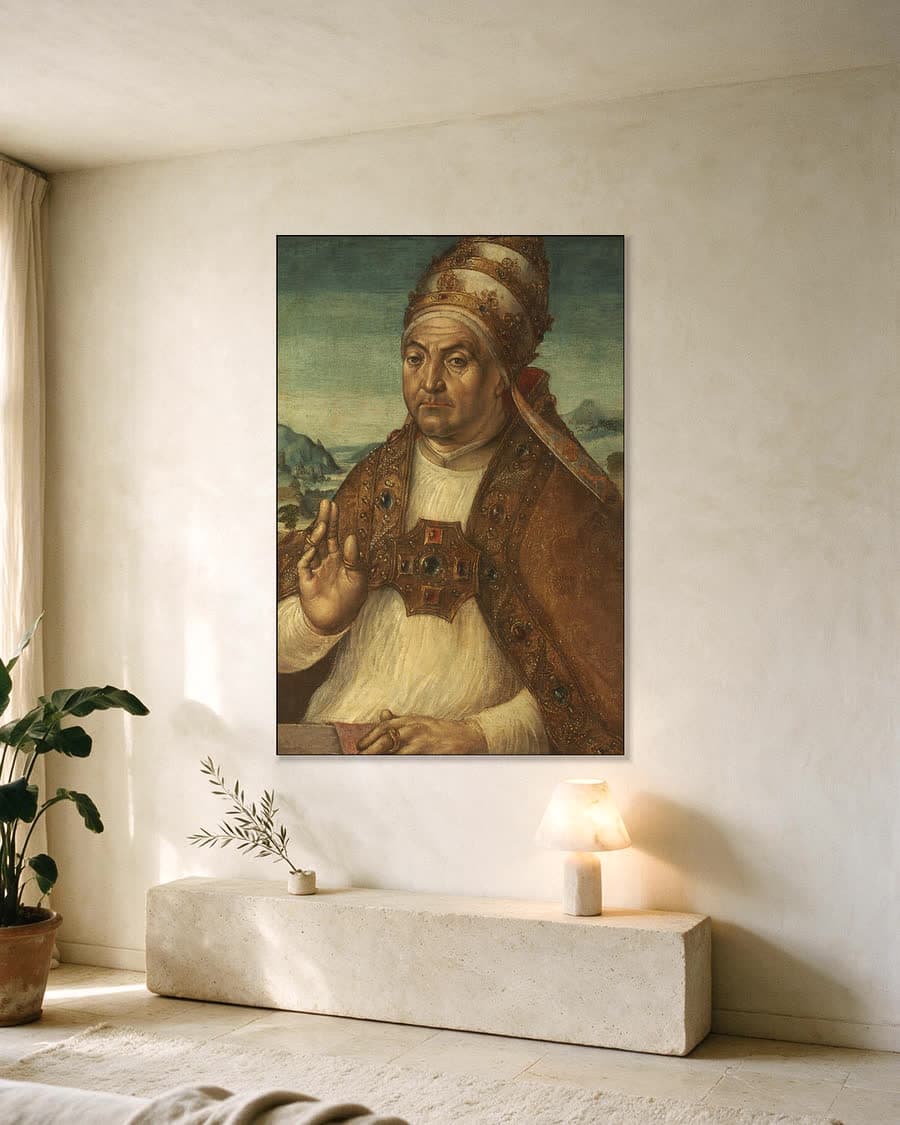 Portret van paus Sixtus IV della Rovere in een aluminium frame aan dezelfde muur