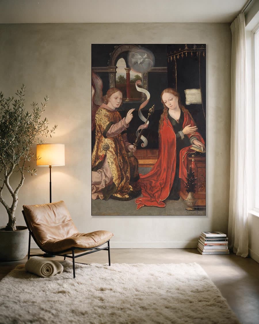 De annunciatie in een aluminium frame aan dezelfde muur