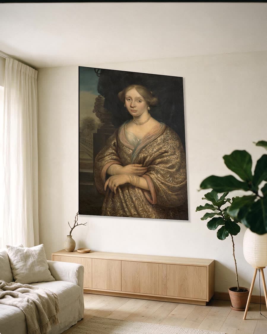 Portret van Petronella van der Burcht (1657-1682) in een aluminium frame aan dezelfde muur